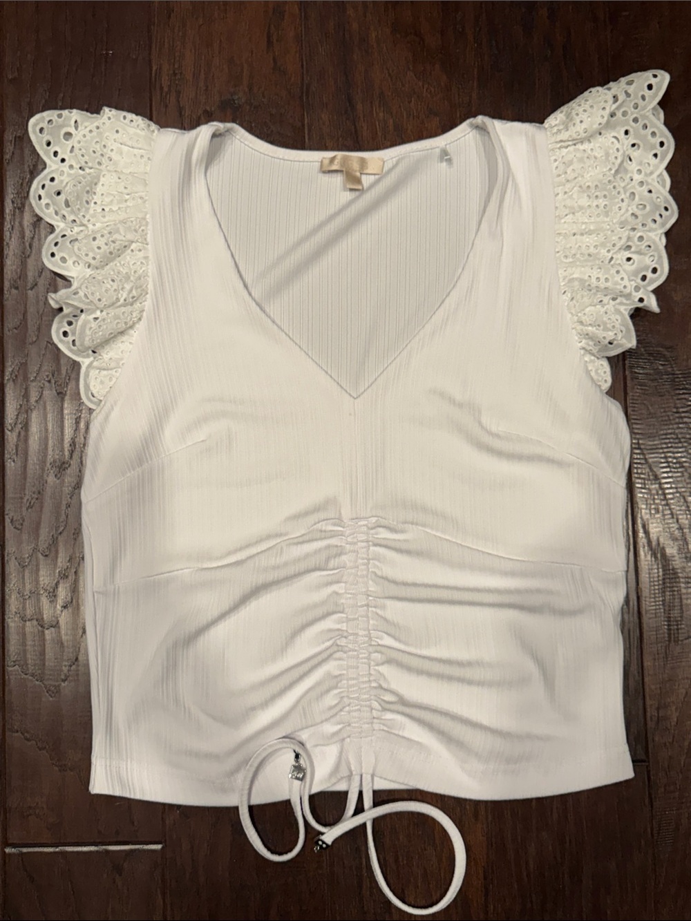 Guess Top  White Woman's‎ XL Eyelet Ruffle Sleeve Ruched V-Neck
